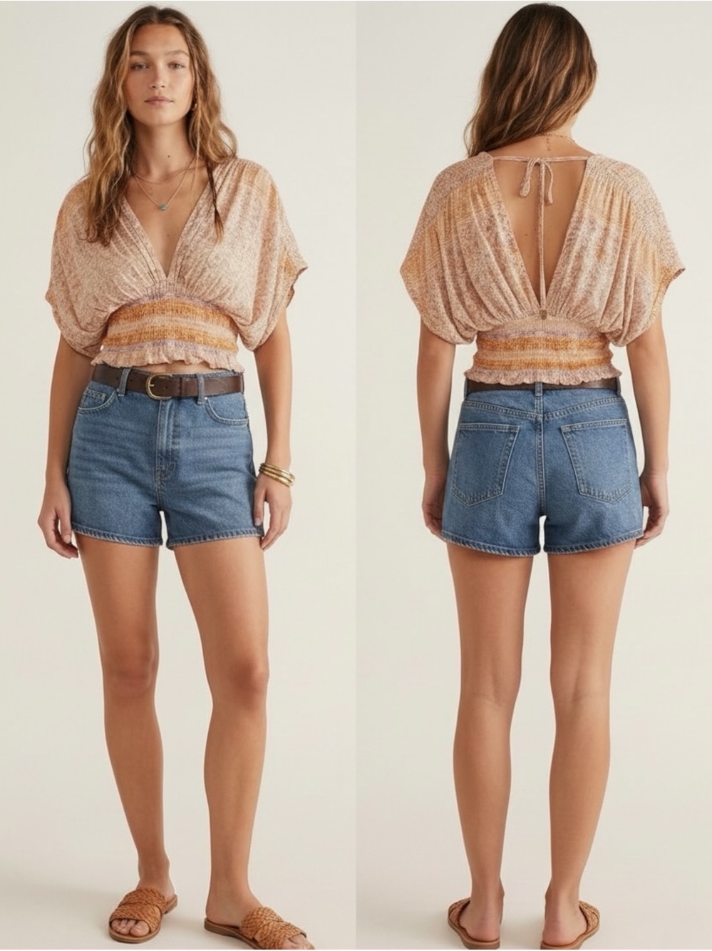 NWT Free People Next Vacation Smocked Crop Top Ivory Orange Purple Medium Boho